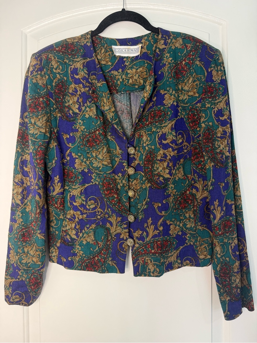 Vintage Jessica Howard Tapestry Blazer Jacket Paisley Chevron Crop 90s Size 14
